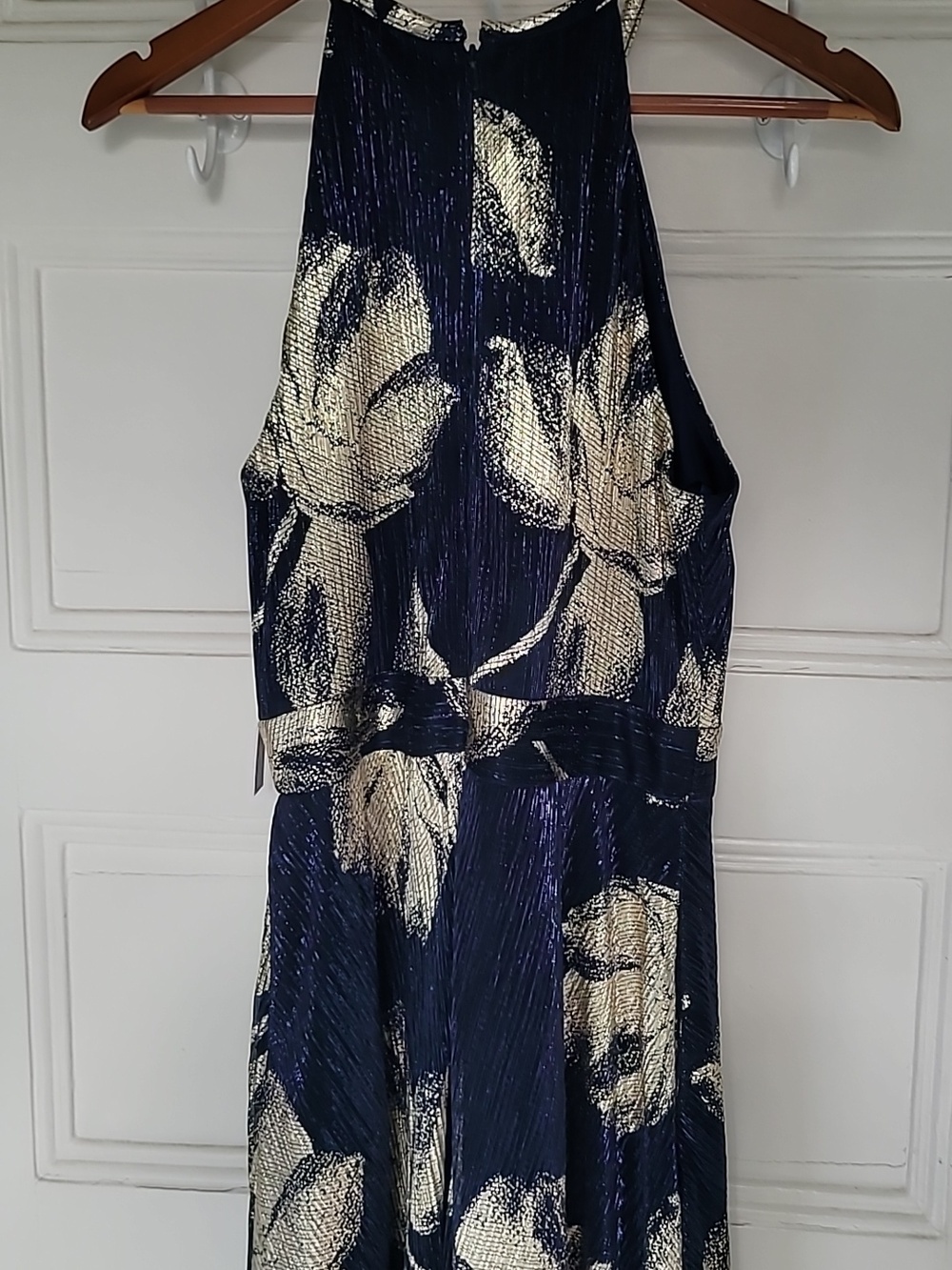 Bloomingdale's Womens Aqua Floral Print Foil Halter Gown Size 10 Navy, Gold NWT - Picture 6 of 10